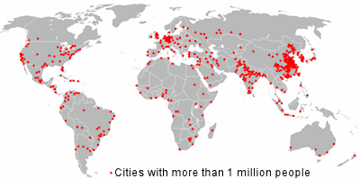 Cities with more than 1 million people as at 1996.